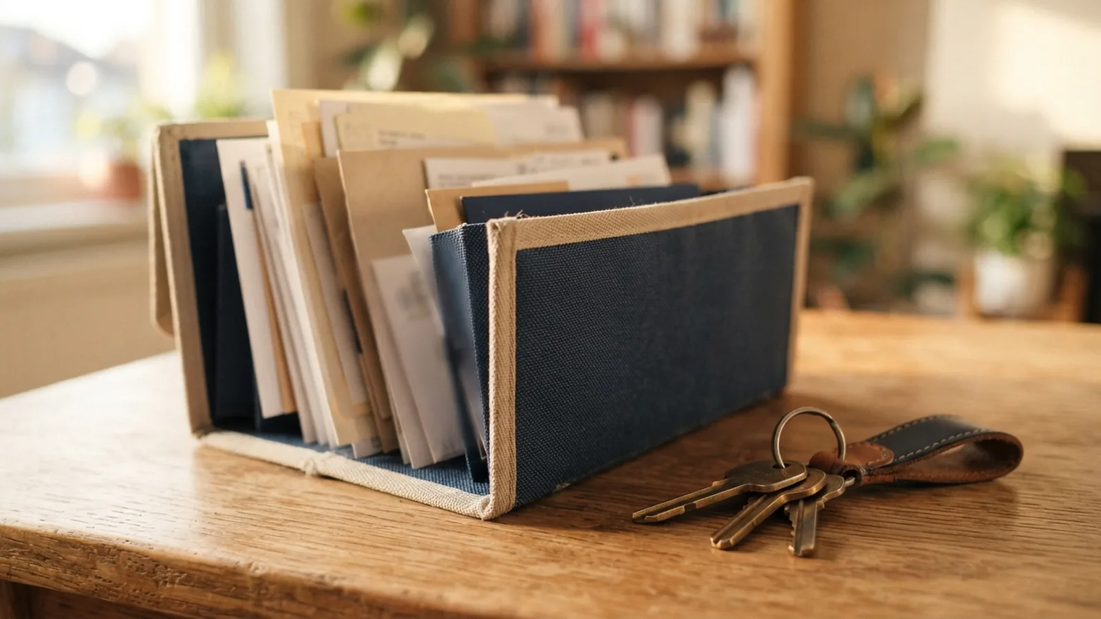 Document folder with family paperwork beside a set of keys