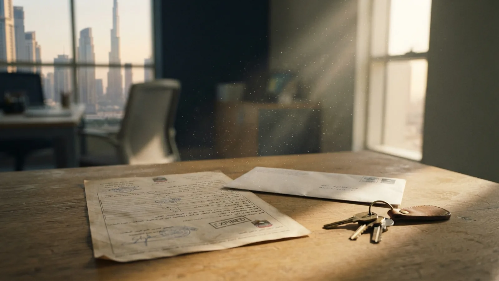 Expired Dubai trade licence documents on a desk beside an unopened notice