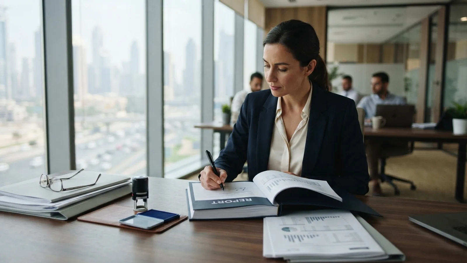 Auditor signing a company liquidation report at a Dubai office