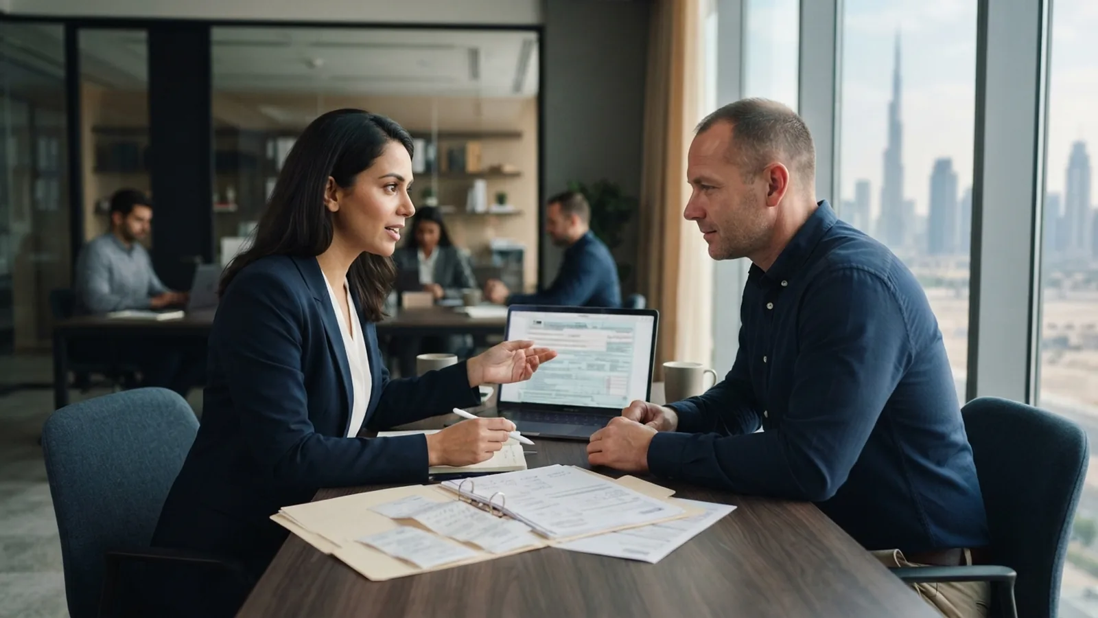Accountant and business owner reviewing UAE corporate tax registration on a laptop