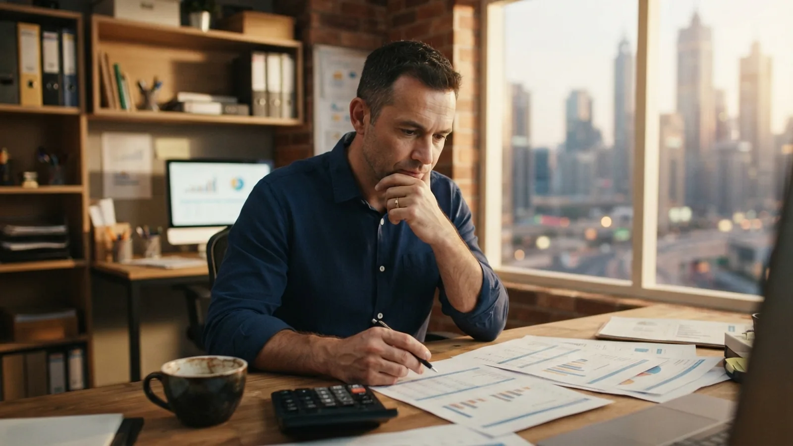 Small business owner examining revenue figures in a Dubai office
