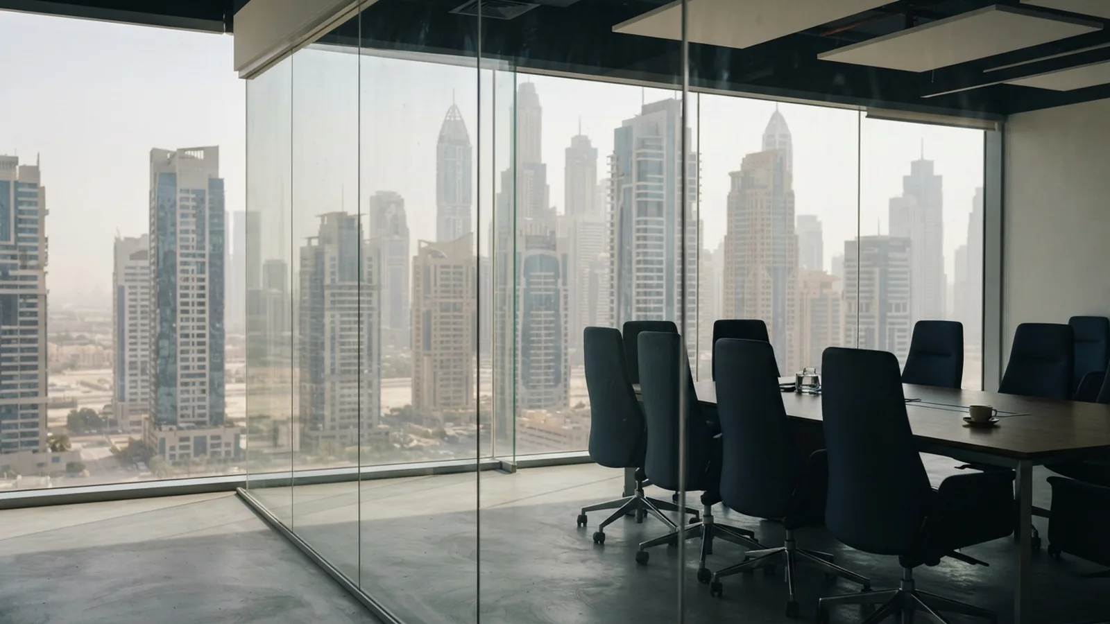 Free zone office building in Dubai seen from a meeting room window