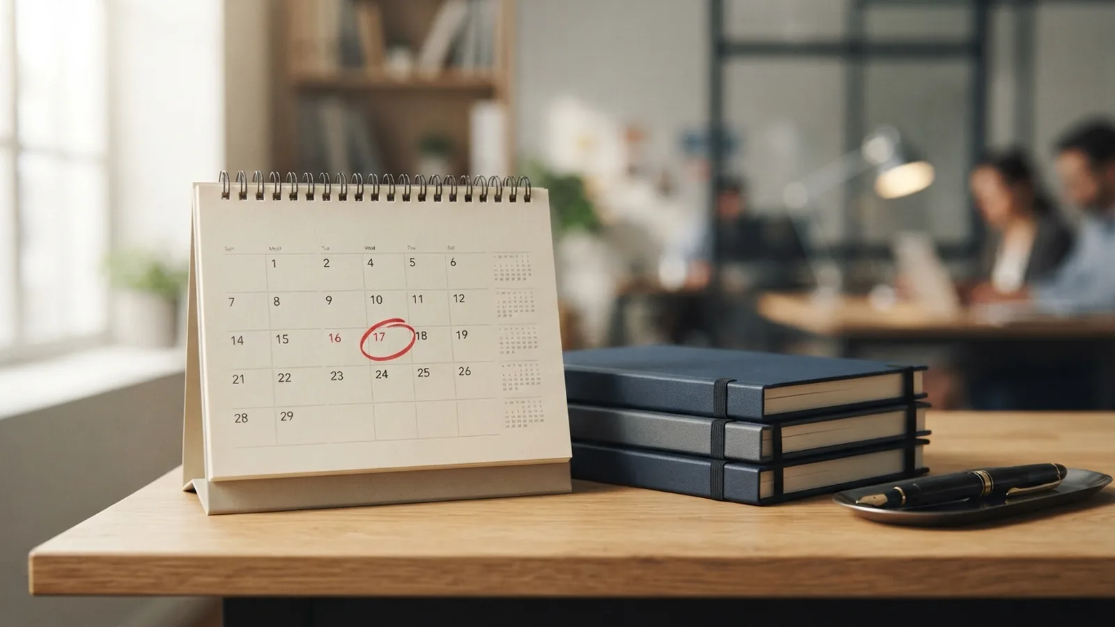 Desk calendar with a tax return deadline circled beside financial statements