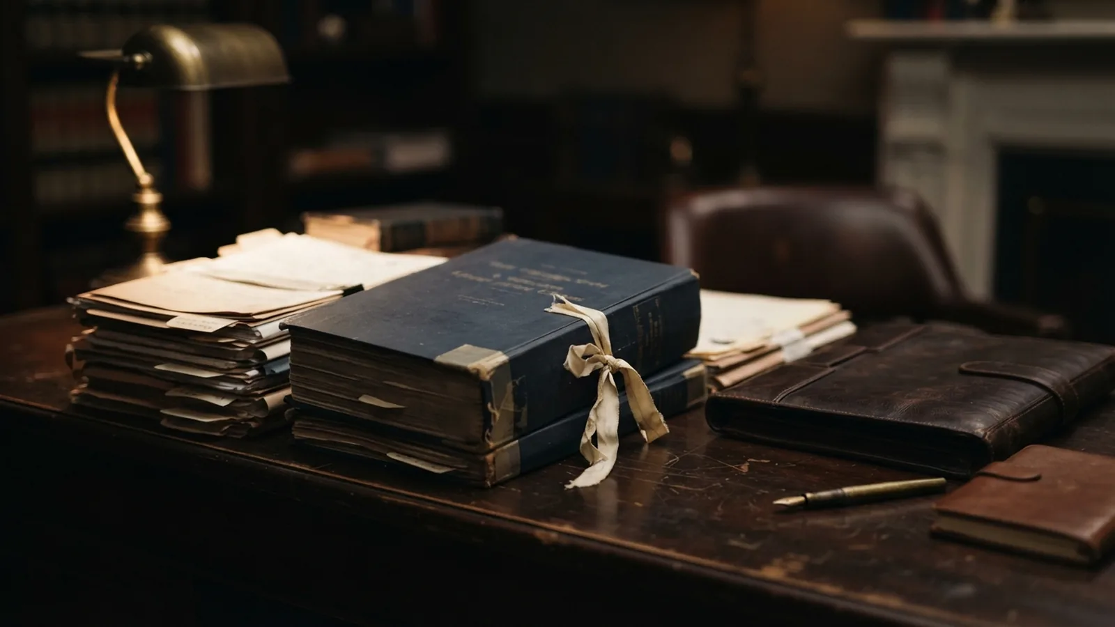 Bound legal bundle and case papers stacked on a lawyer desk