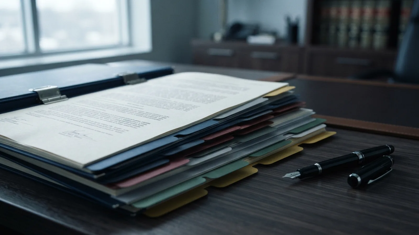 Documents with coloured tabbed dividers fanned across a desk beside a pen