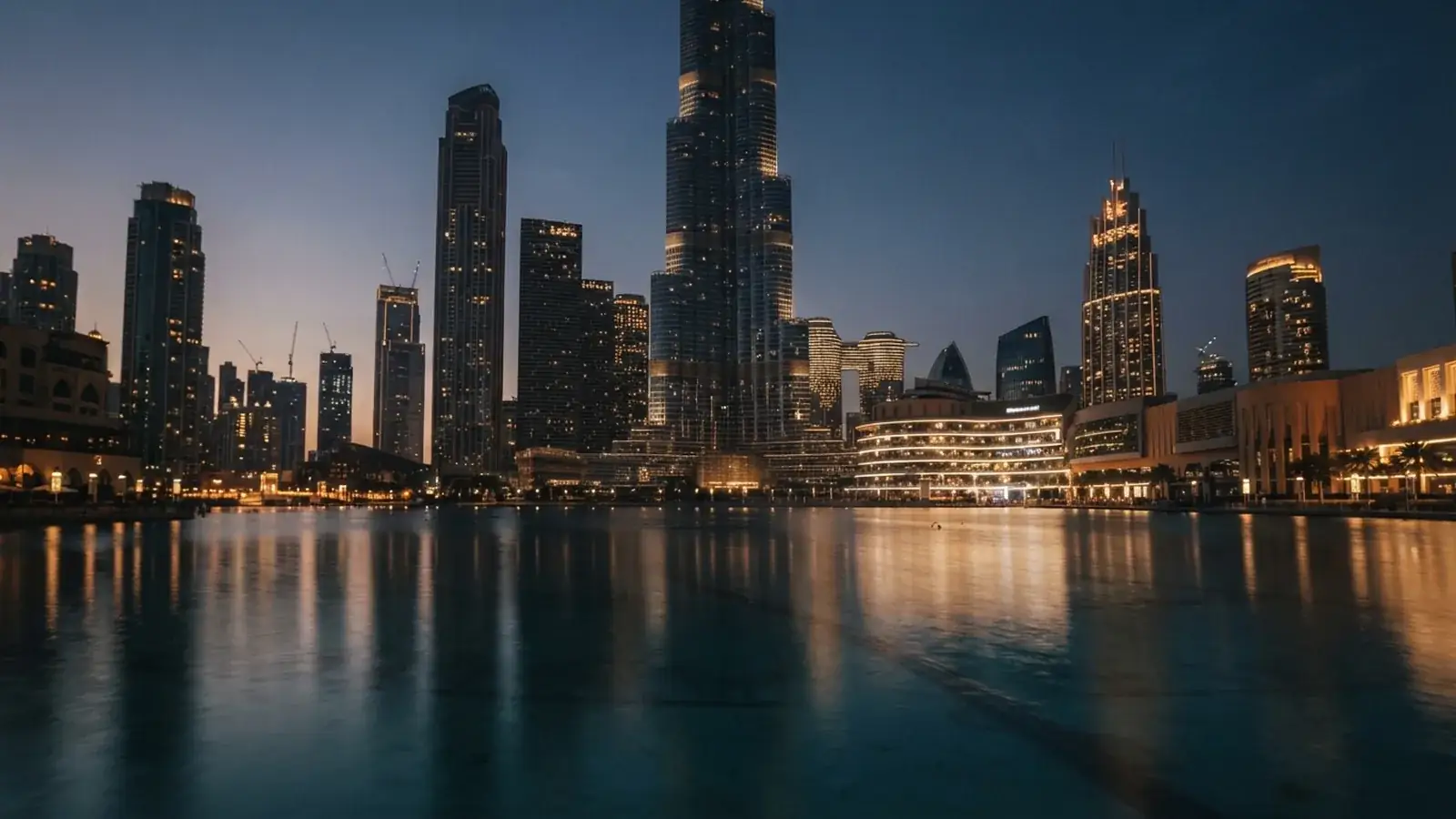 Jumeirah Lakes Towers skyline reflected in water at dusk
