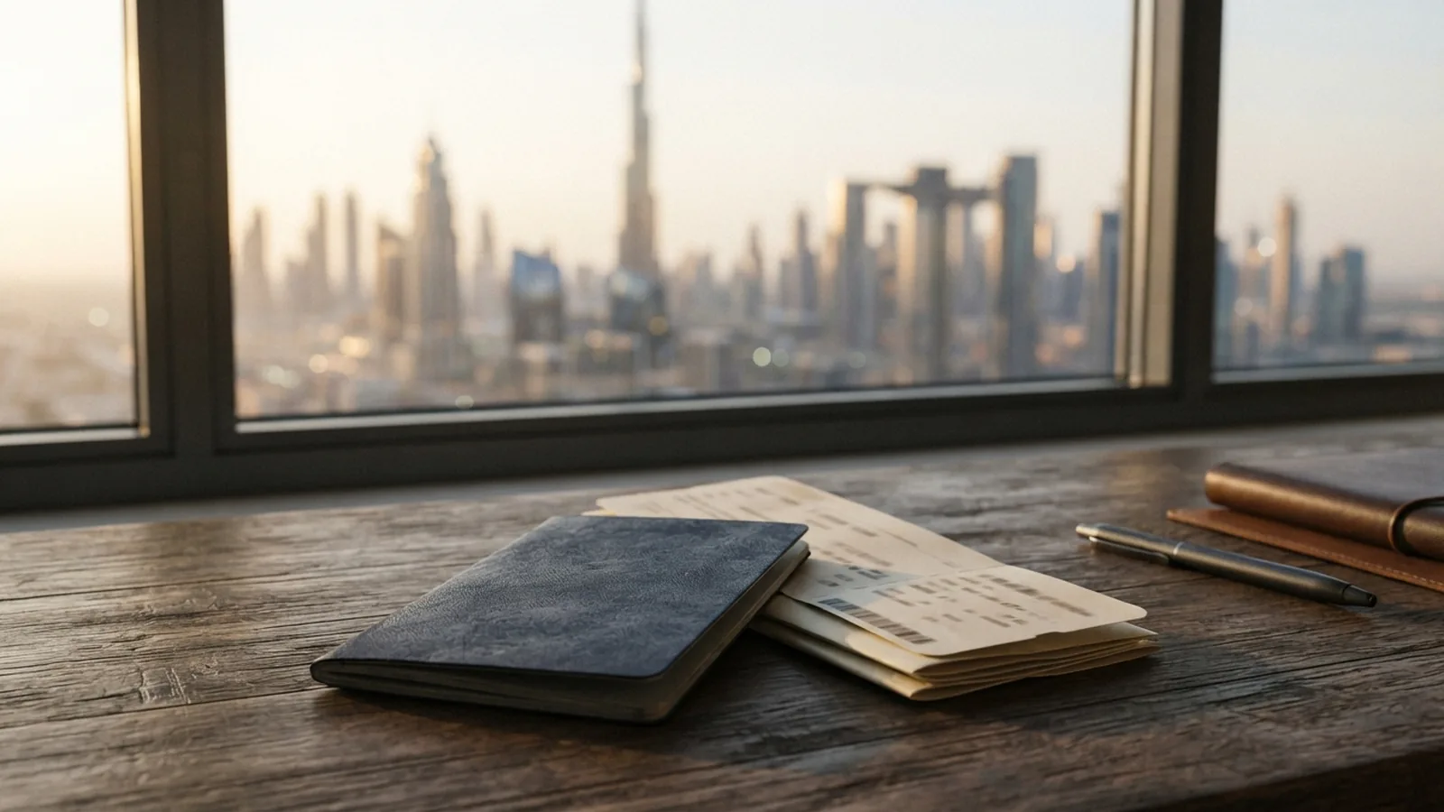 Passport and boarding documents on a desk with a Dubai skyline beyond the window