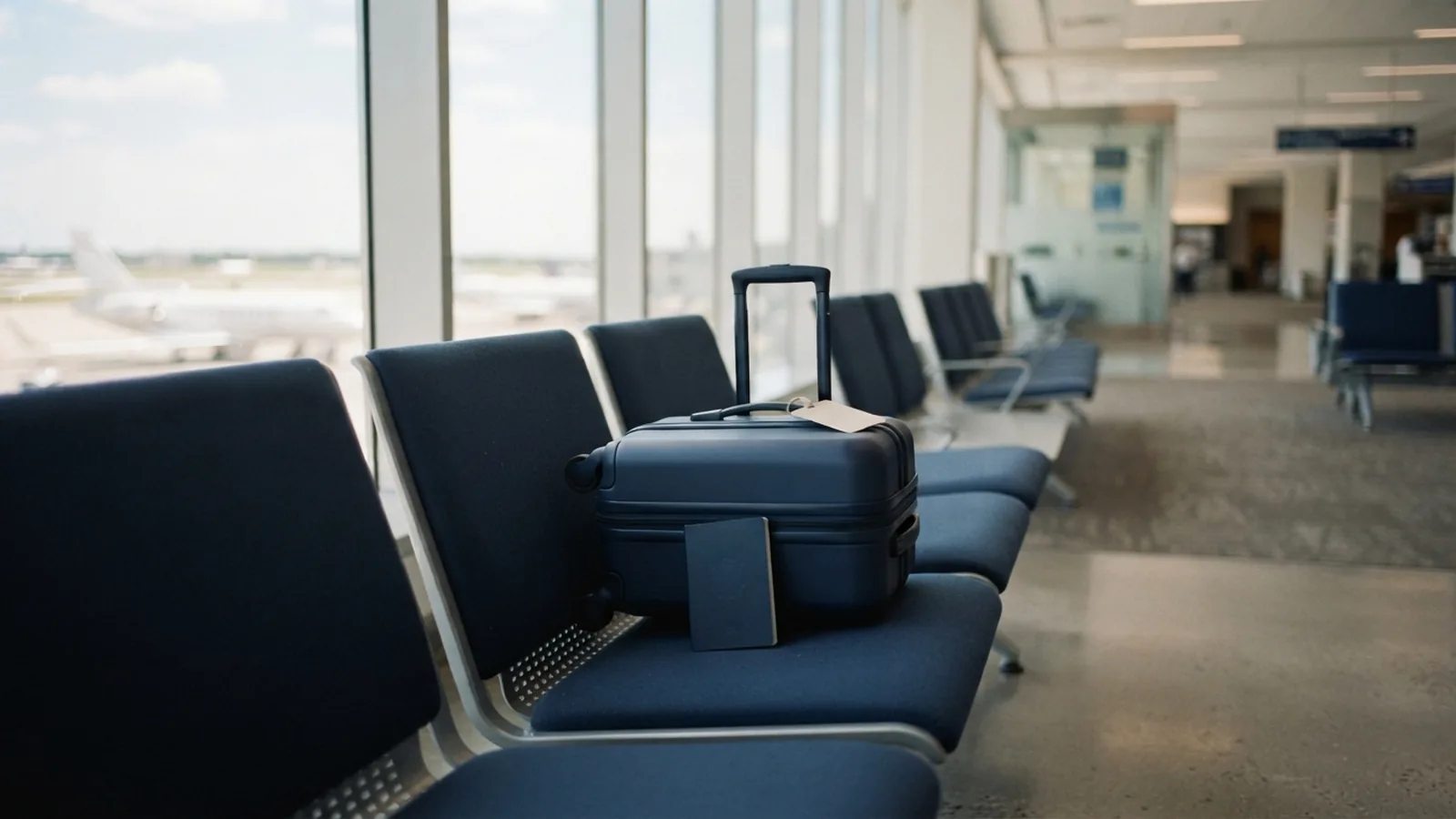 Travel documents and a small suitcase in a bright airport lounge