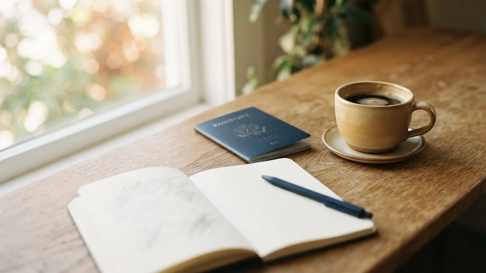 Passport, notebook and coffee on a desk beside a window in Dubai