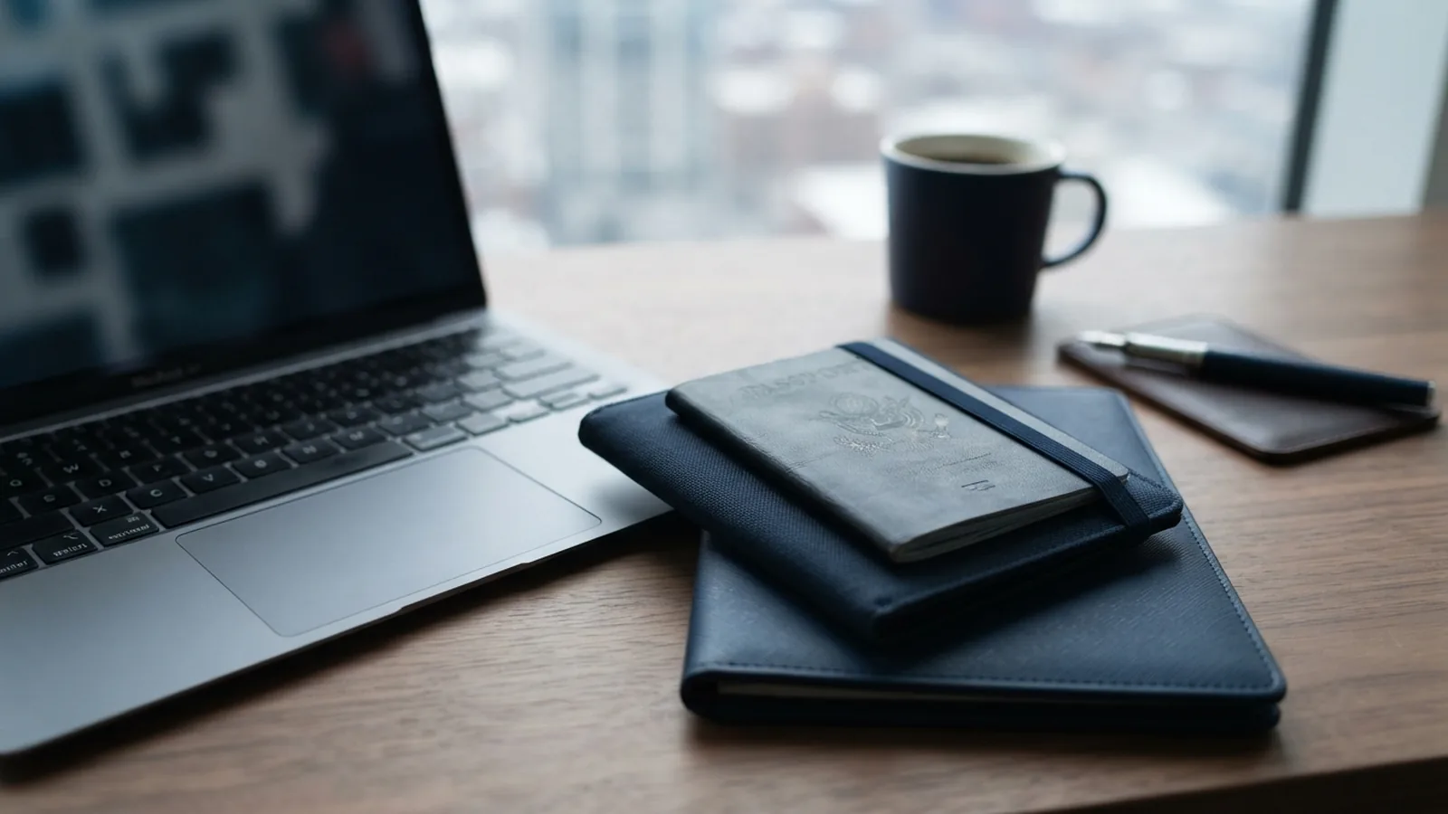 Slim laptop, passport and travel folder arranged on a clean desk