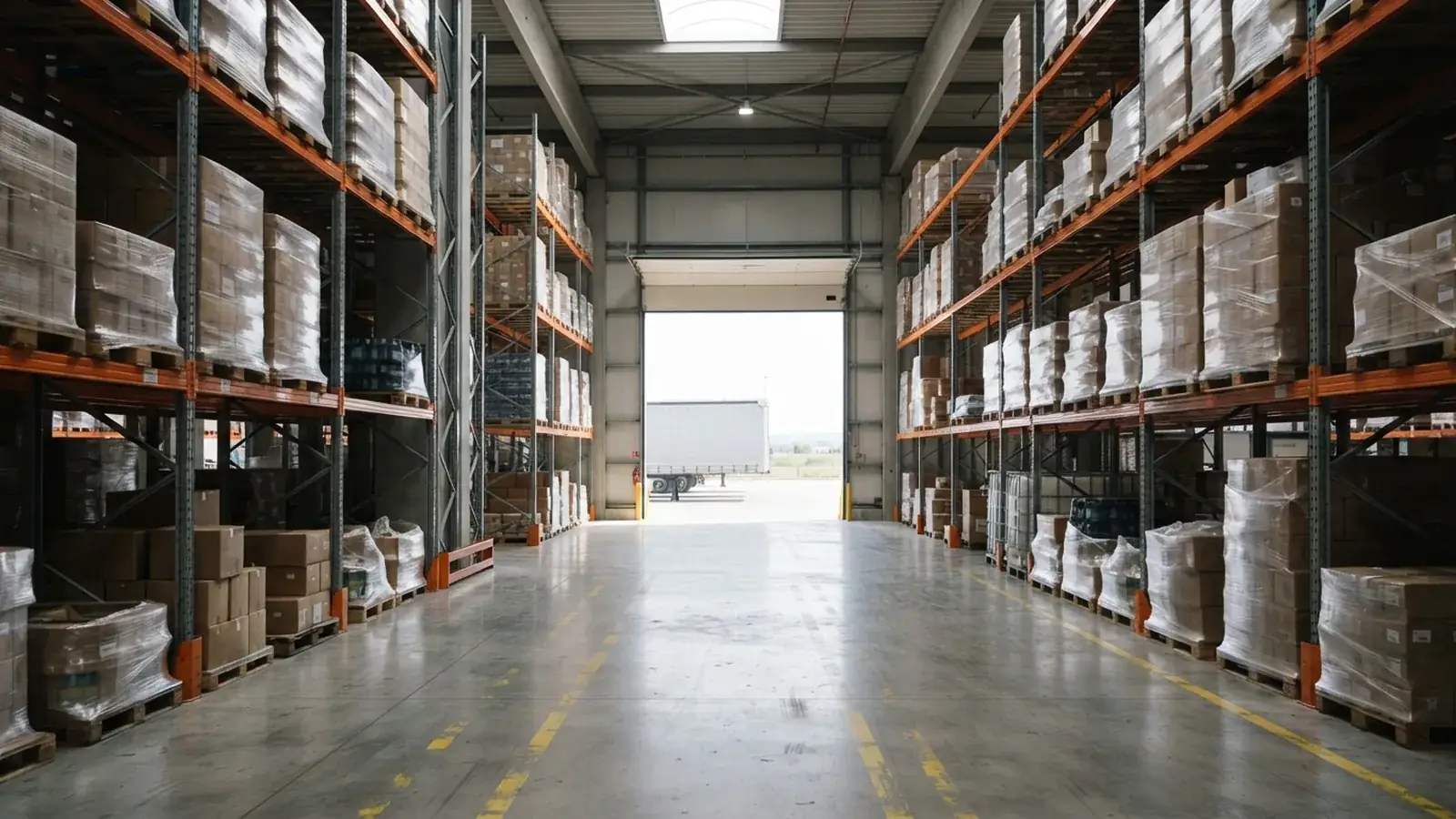 Logistics warehouse interior with stacked pallets and loading bays