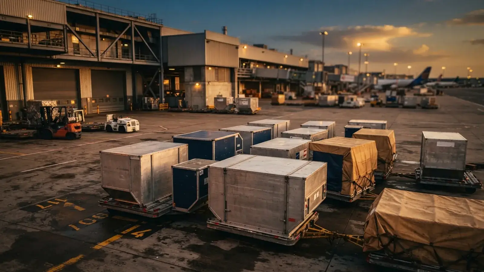 Air cargo containers on a tarmac at dusk beside a freight terminal