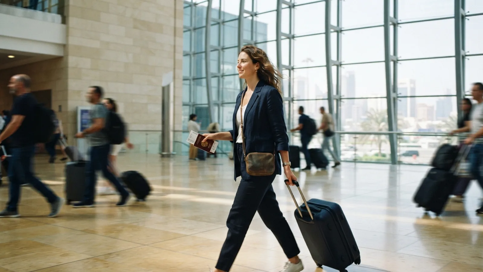 Traveller with a passport at a Dubai airport arrivals hall