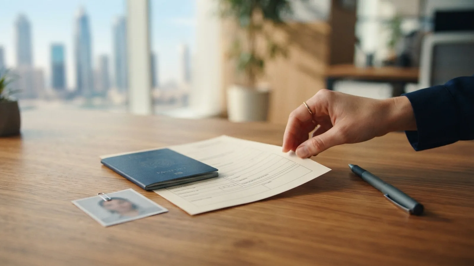 Visa application documents and a passport laid out on a desk in Dubai