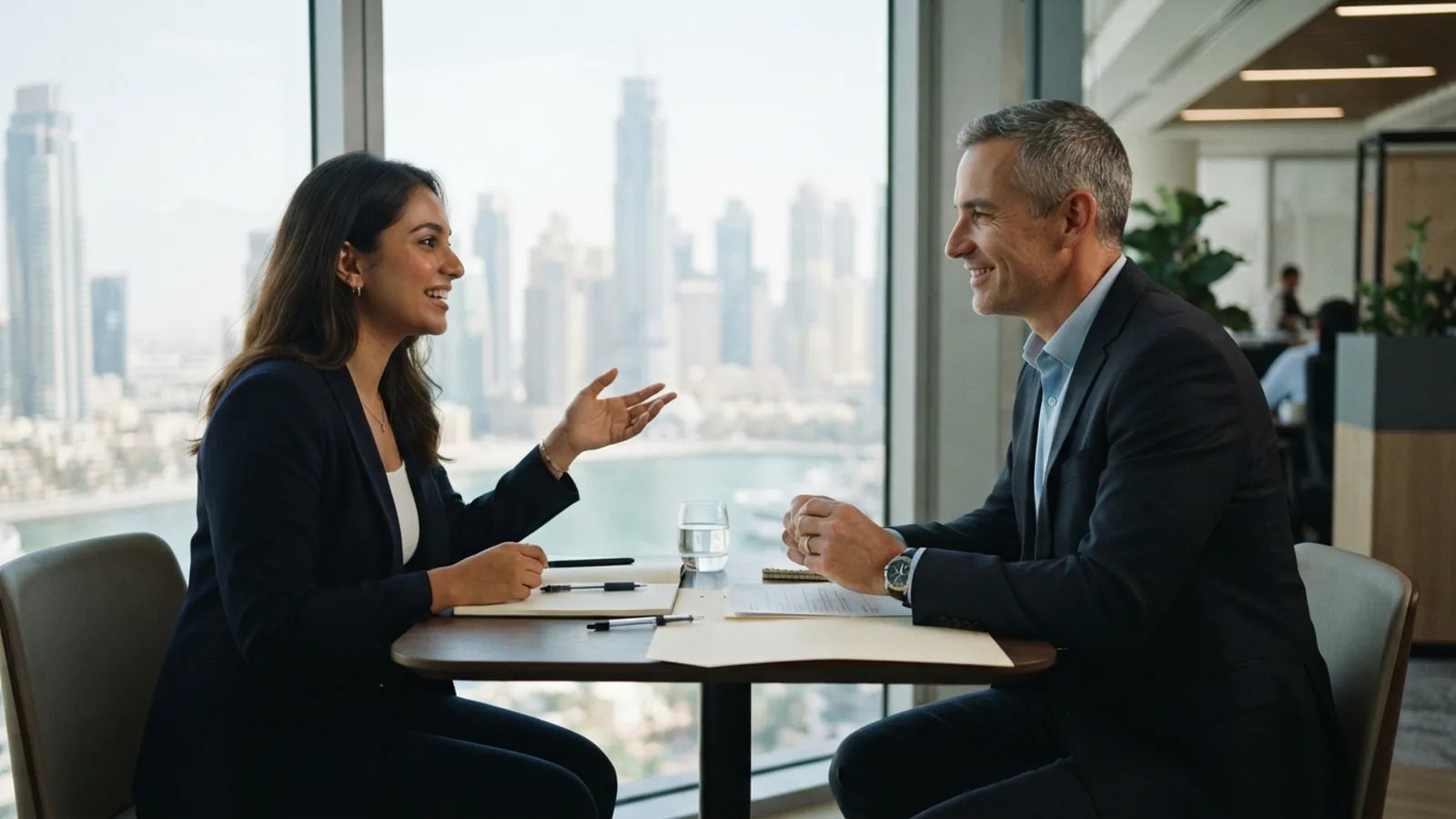 Job candidate meeting an employer in a Dubai office ahead of a status change