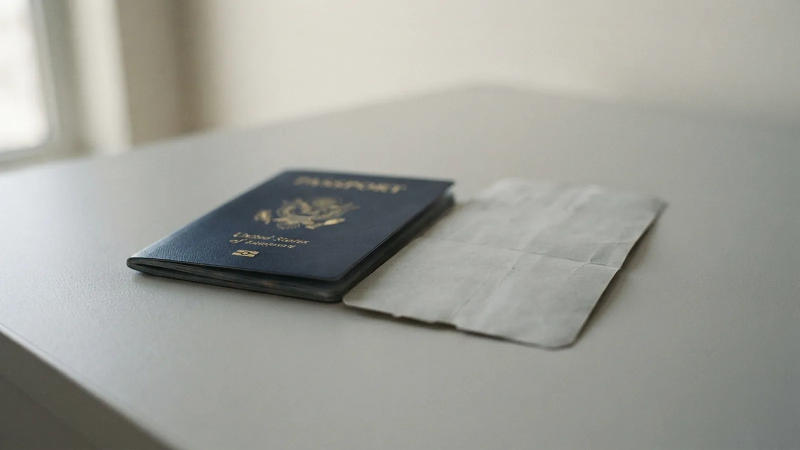 Passport and a cancelled travel document on a plain desk