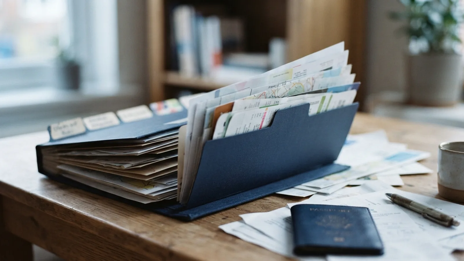 Travel paperwork being filed away into a document folder