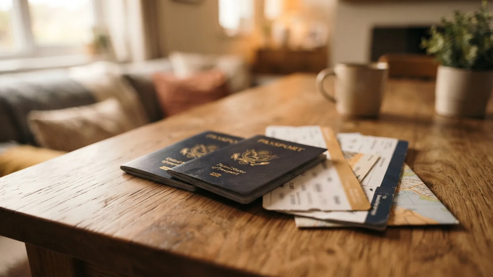 Two passports and travel documents on a table in a warm family home