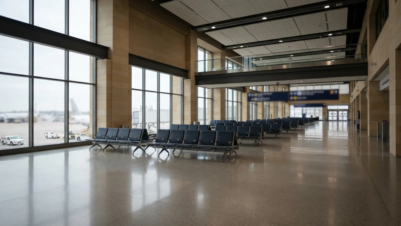 Airport arrivals hall with soft daylight and waiting seating