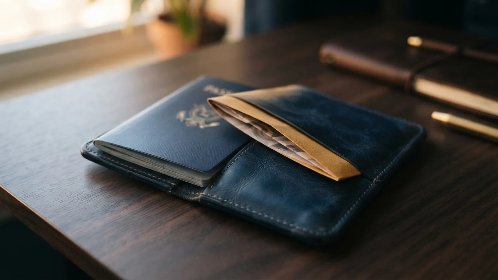 Passport and travel wallet on a desk beside a boarding pass sleeve