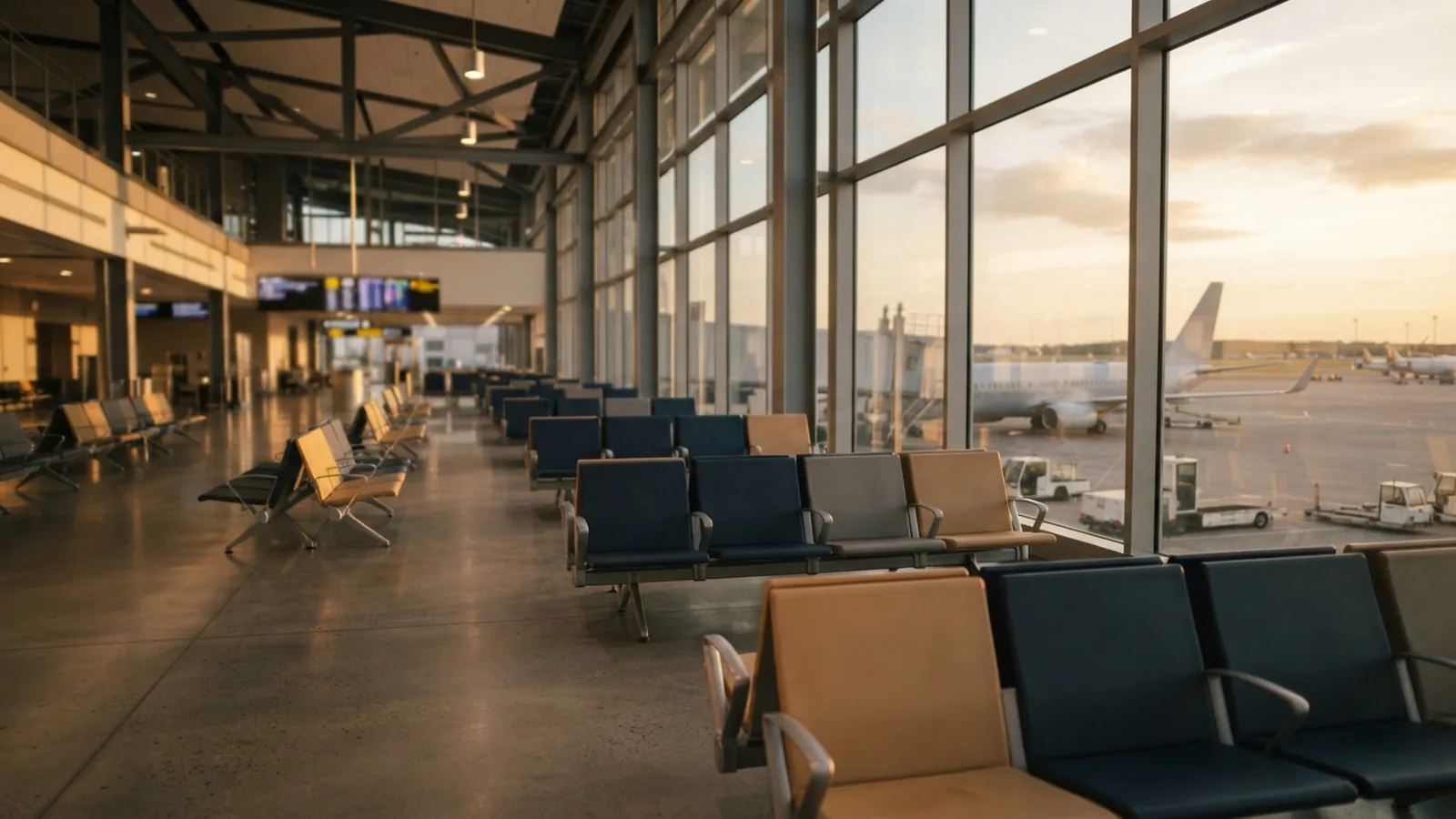 Empty airport departure seating at golden hour through tall glass