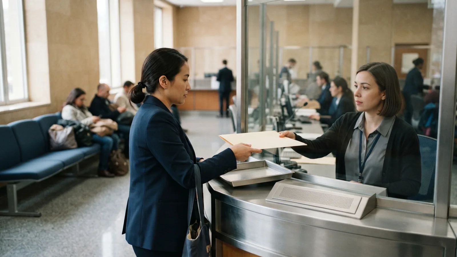 Consular section reception with an applicant submitting documents at the counter