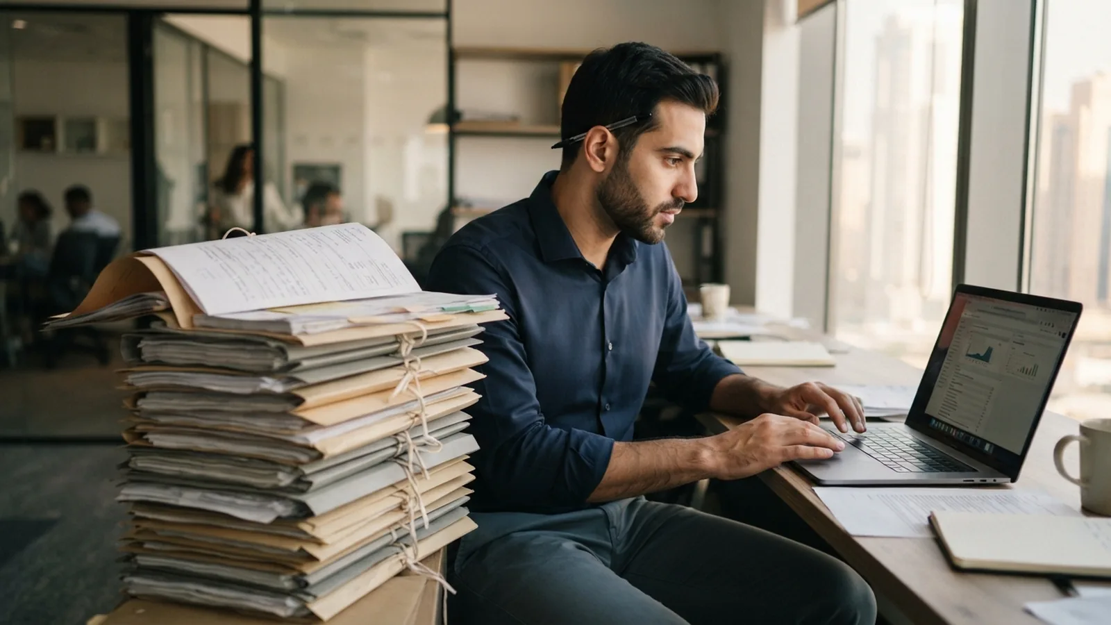 Agent checking embassy requirements on a laptop beside a stack of documents