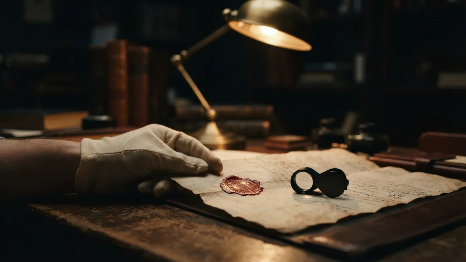 Document being examined under a desk lamp for stamp verification