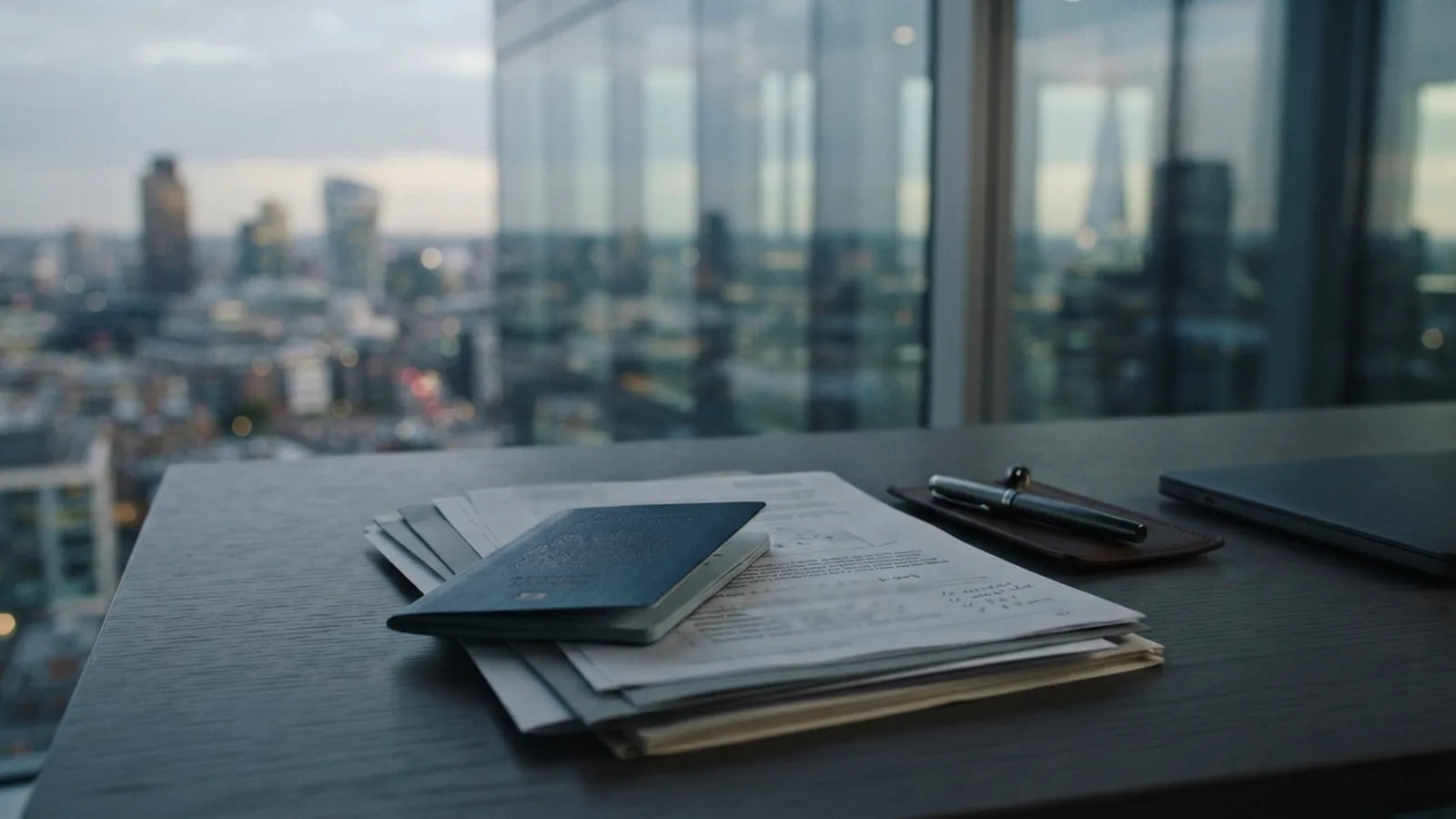 Corporate documents and a passport on a desk in a modern office
