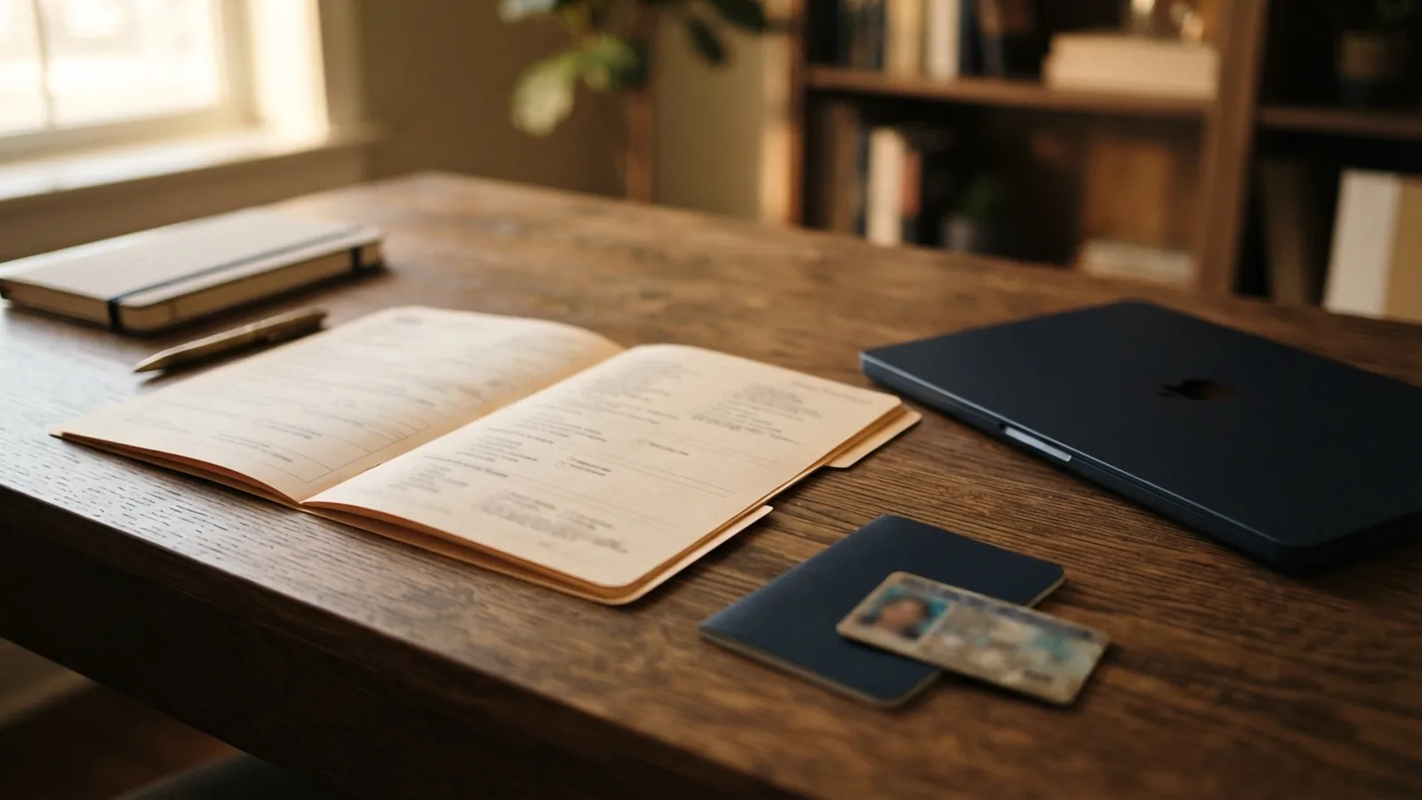 Employment file open beside a closed laptop and identity papers on a desk