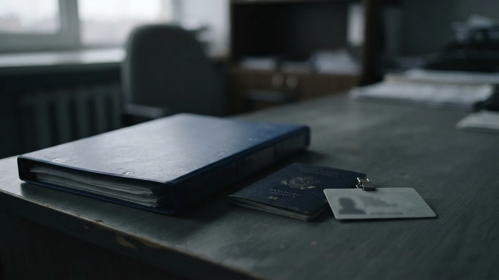 Plain identity card and a dark passport beside a closed office folder