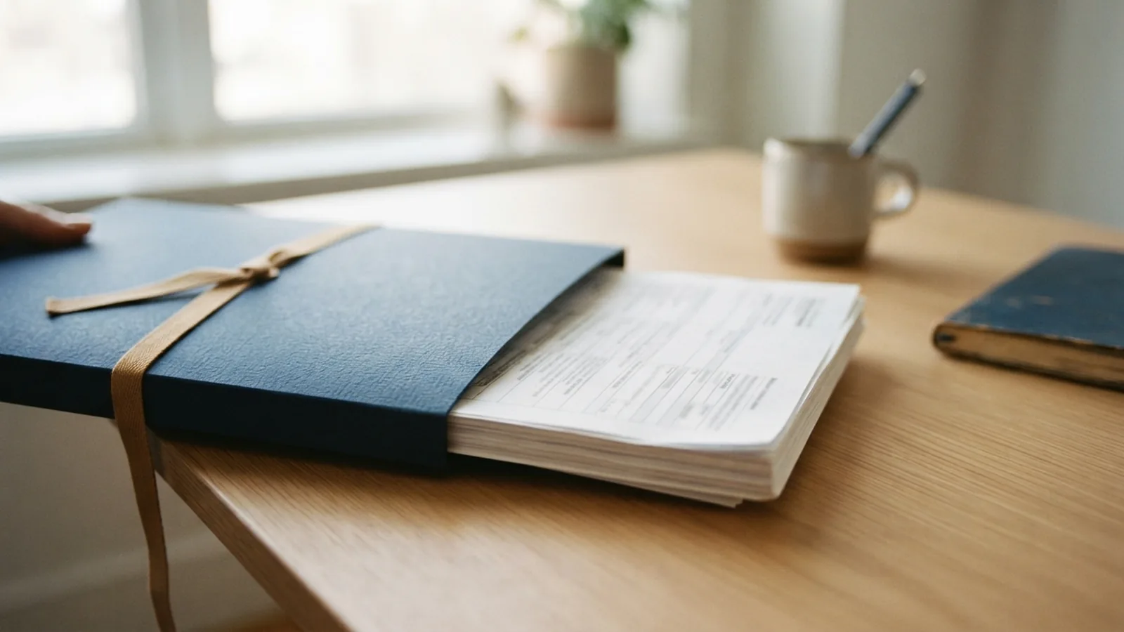 Employment paperwork being slid into a document wallet on a desk