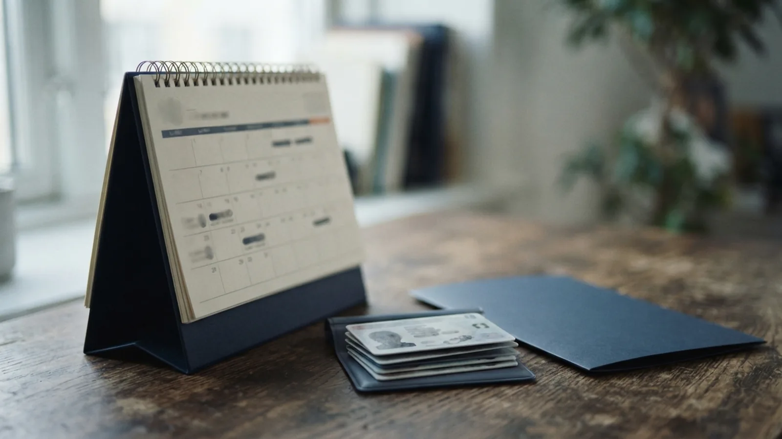 Desk calendar standing beside identity documents and a slim office folder