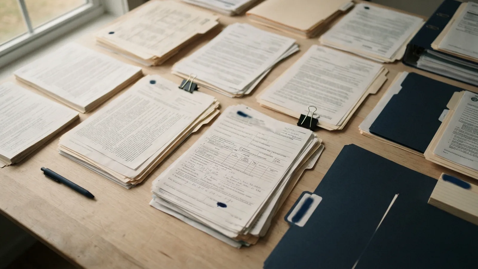 Employment records and insurance paperwork arranged in overlapping rows