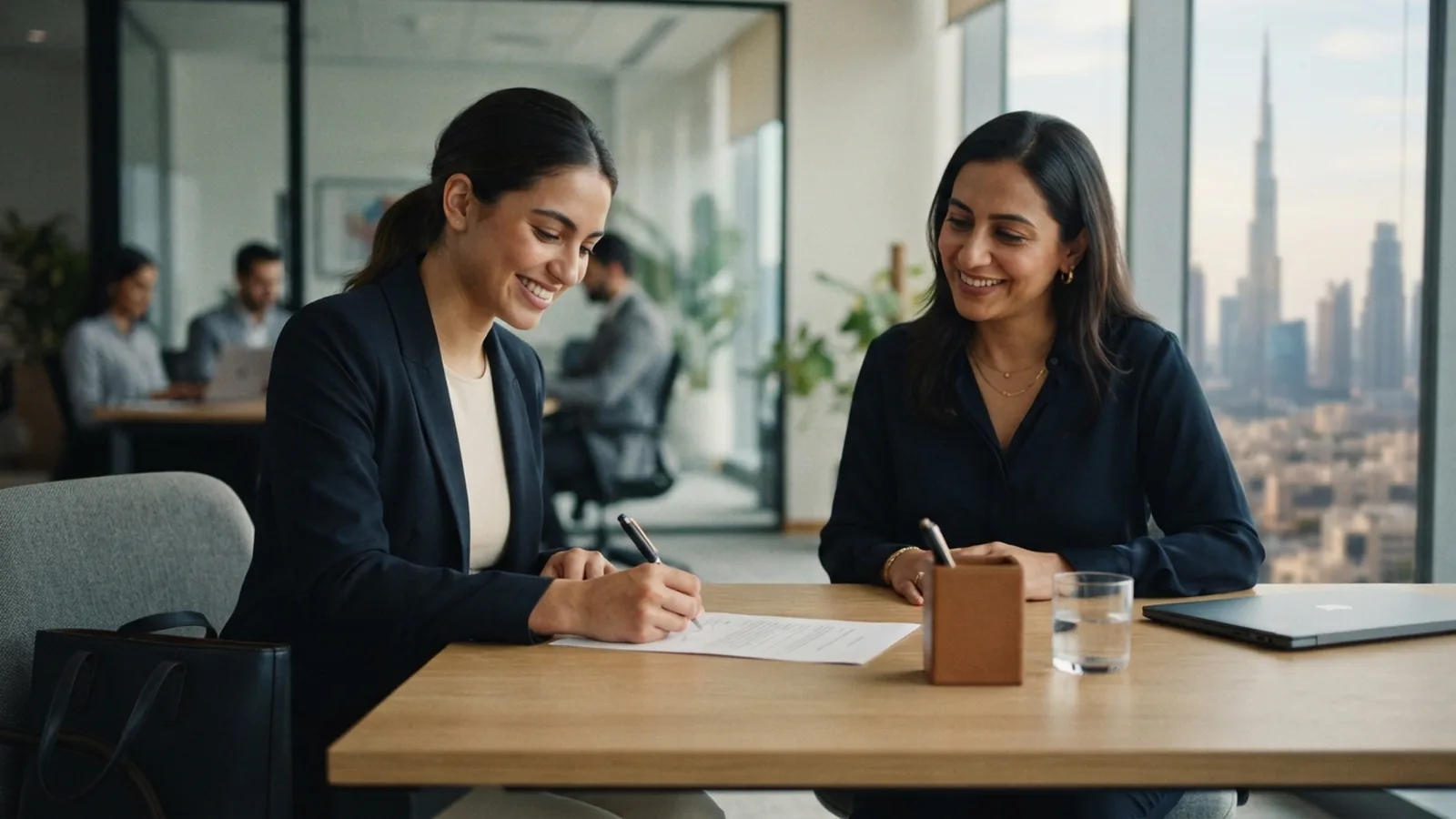 New employee signing a UAE employment offer letter across a desk from an HR manager