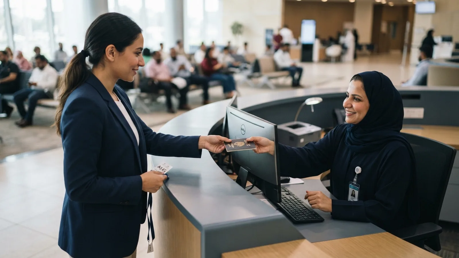 Applicant at an Amer service counter in Dubai completing a status change