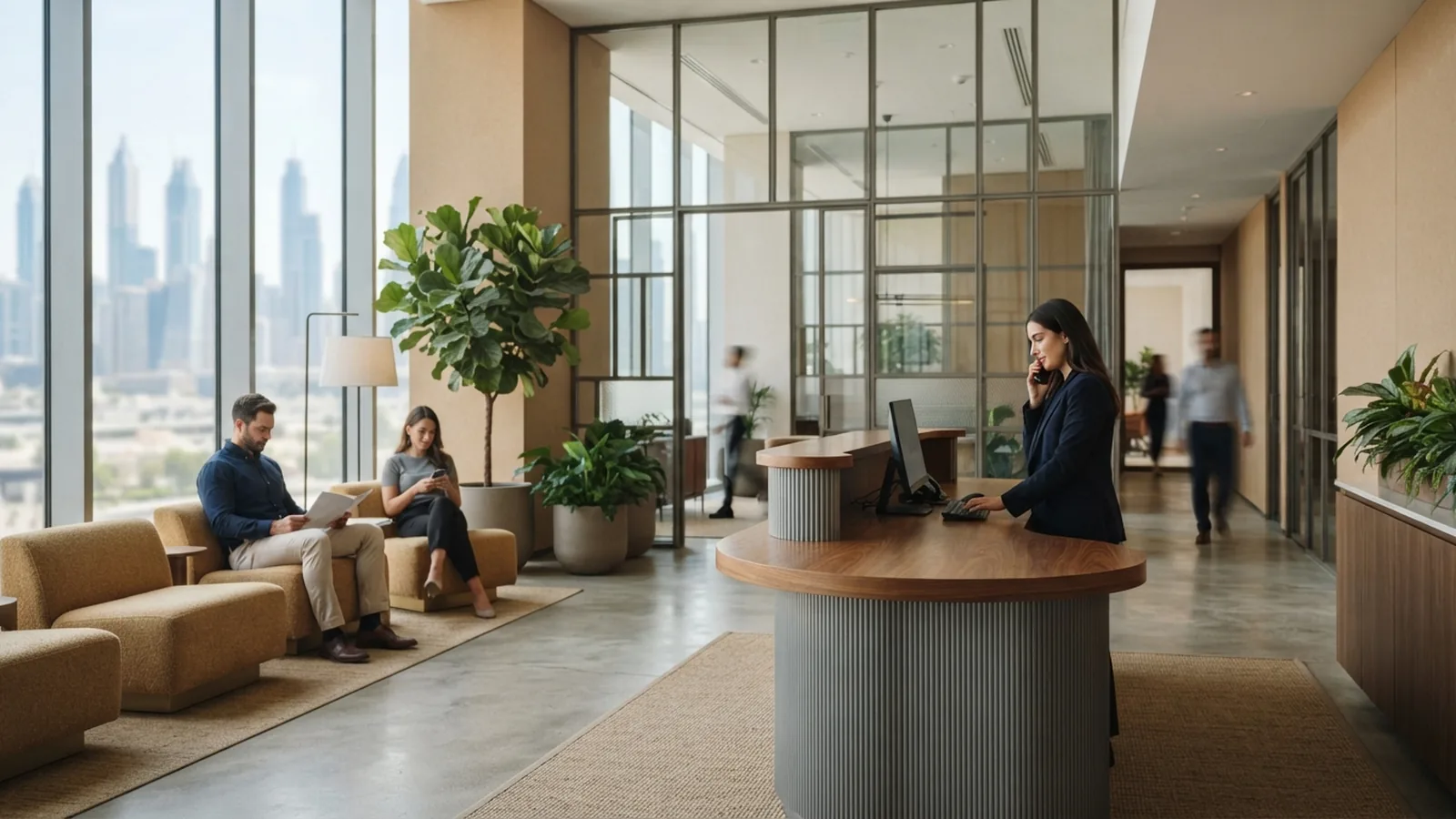 Free zone business centre reception in Dubai with staff at the desk