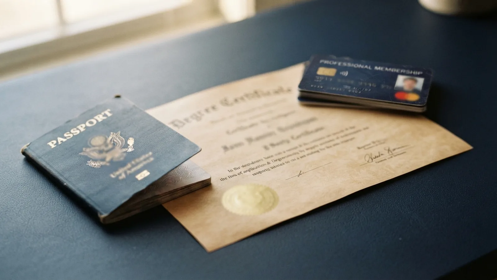 Degree certificate and professional documents prepared for a residency application