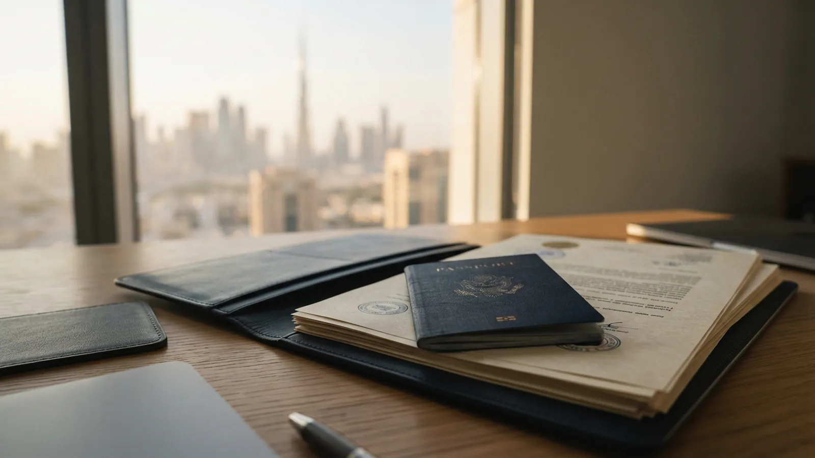 Passport and qualification papers arranged on a desk with a folder