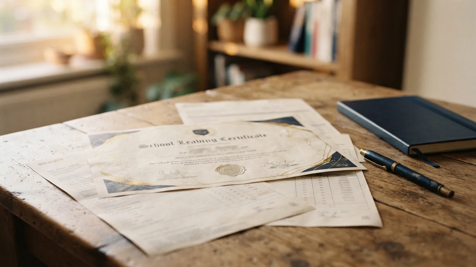School leaving certificate and result sheets on a study desk