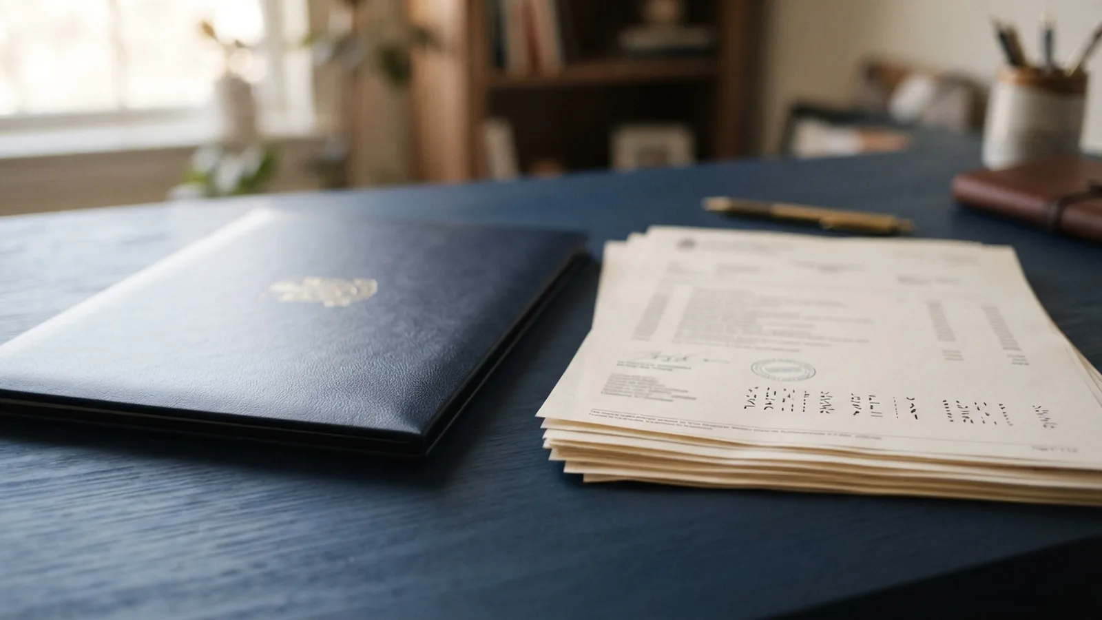 Degree certificate and transcripts laid out for assessment on a desk