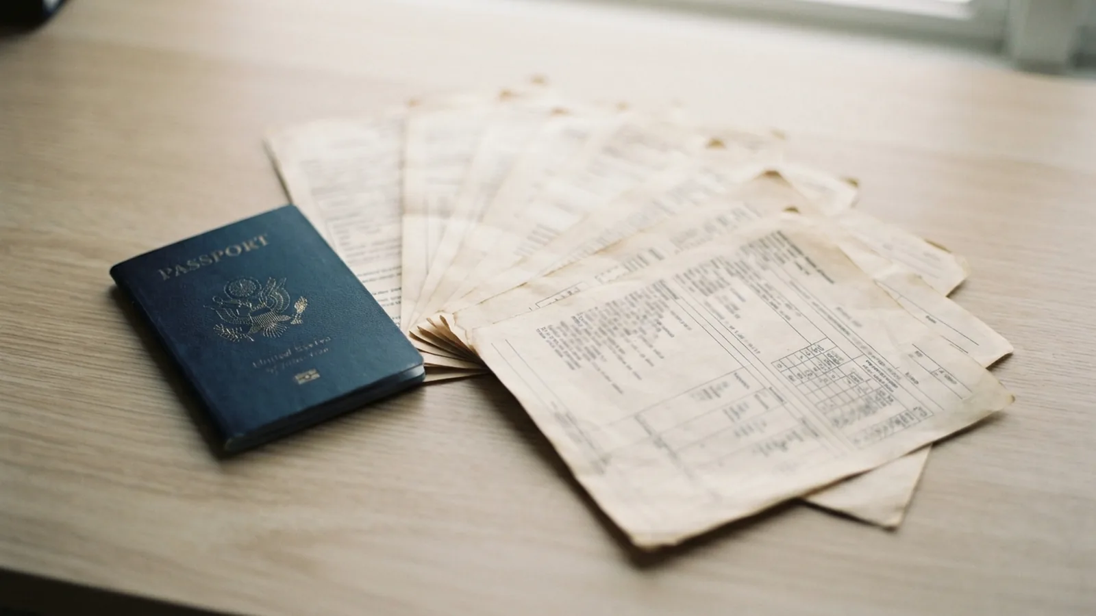 Academic transcript pages fanned out beside a passport