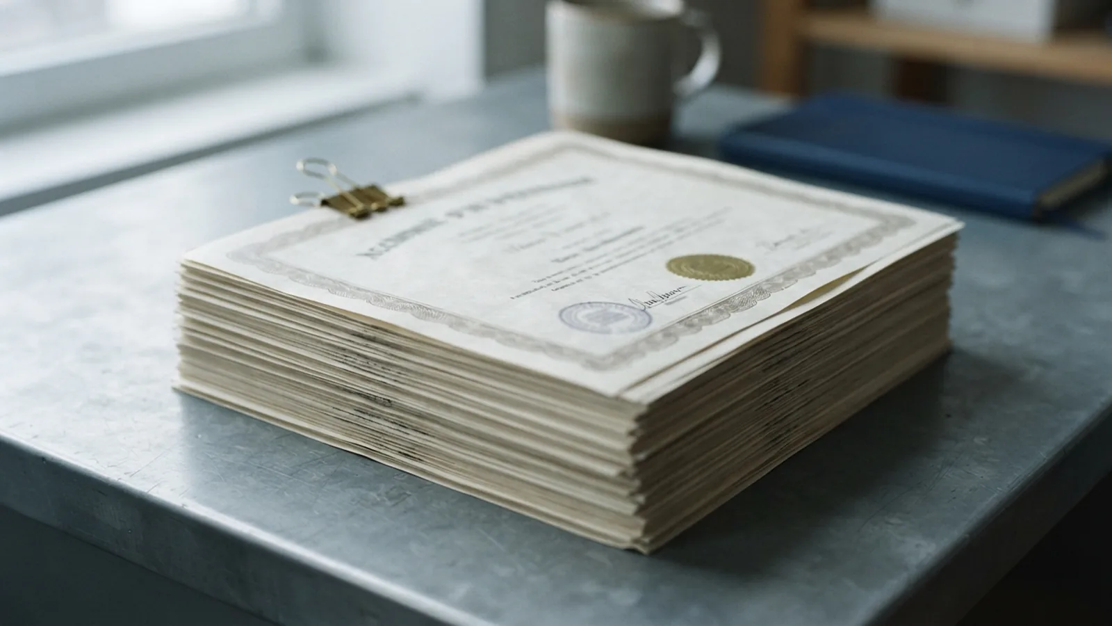 Stack of academic records beside an attested certificate