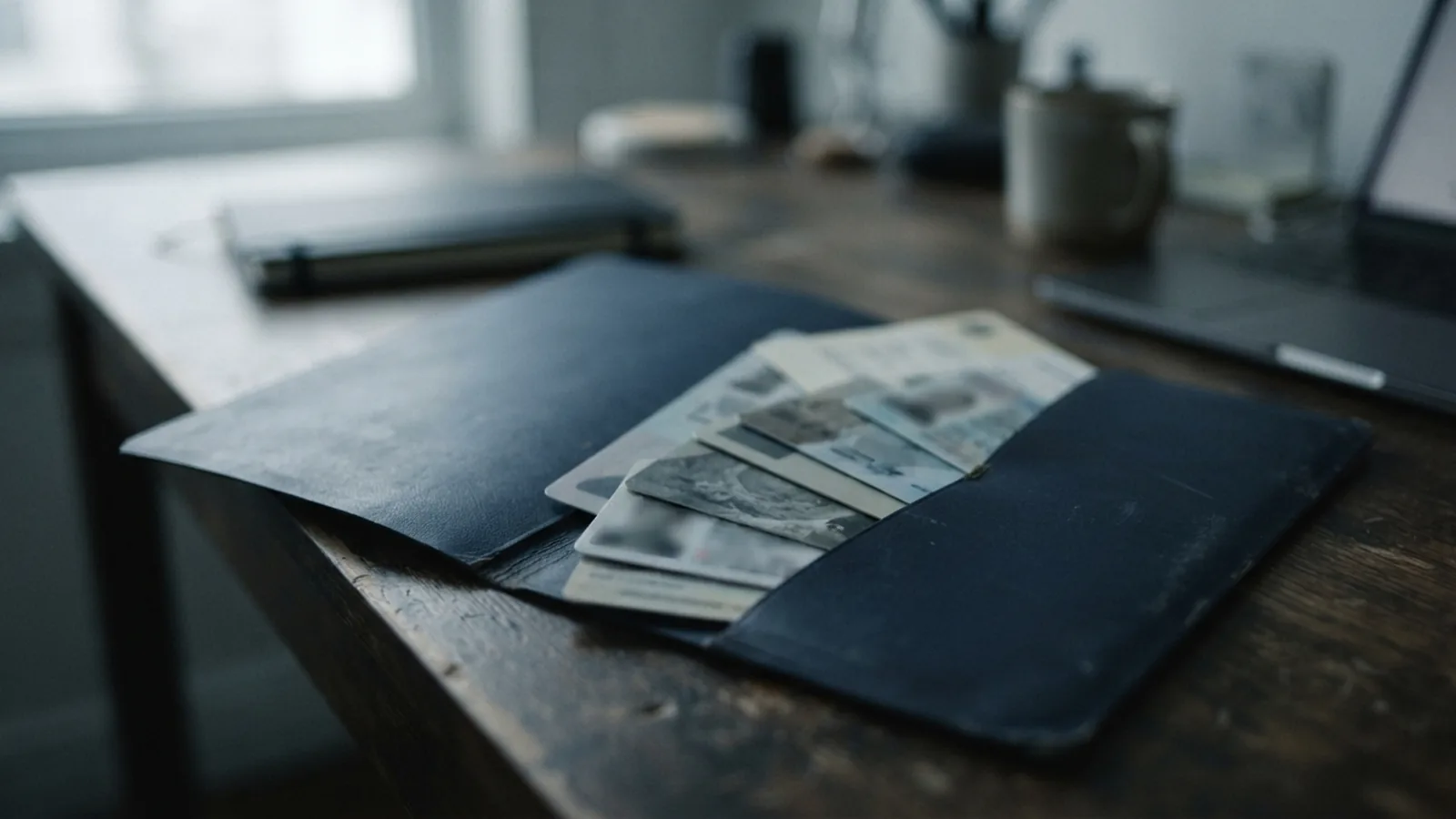 Documents being gathered into a card folder on a desk