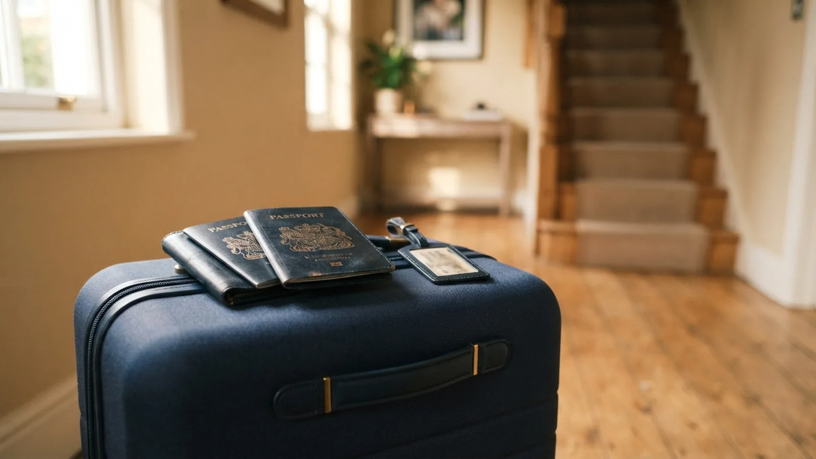 Passports and paperwork beside a packed suitcase in a hallway