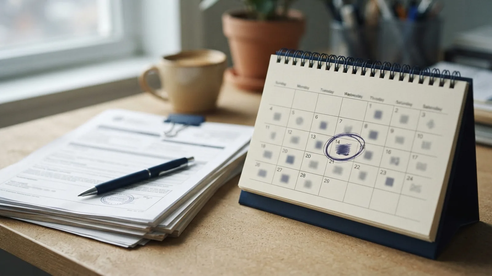 Desk calendar beside residency documents with a pen marking a date