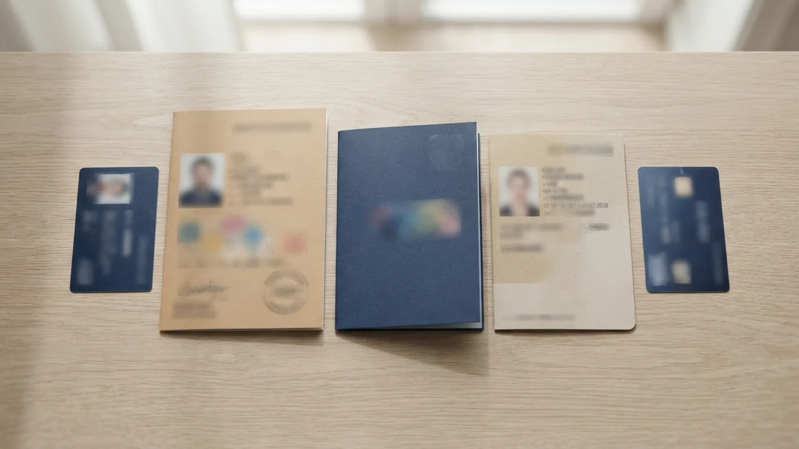 Identity cards and paperwork arranged in a neat row on a pale desk