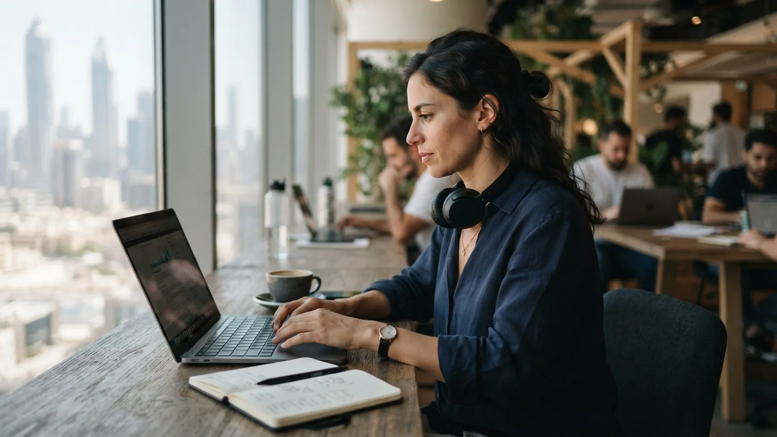 Independent consultant working on a laptop in a shared Dubai workspace