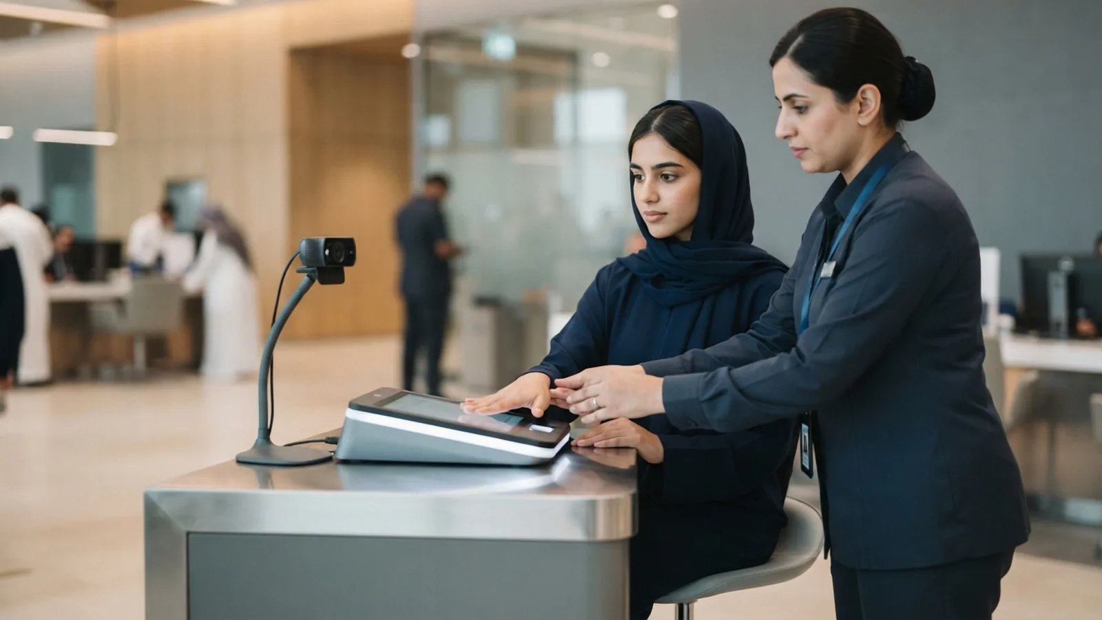 Applicant at an Emirates ID biometrics counter in a Dubai service centre