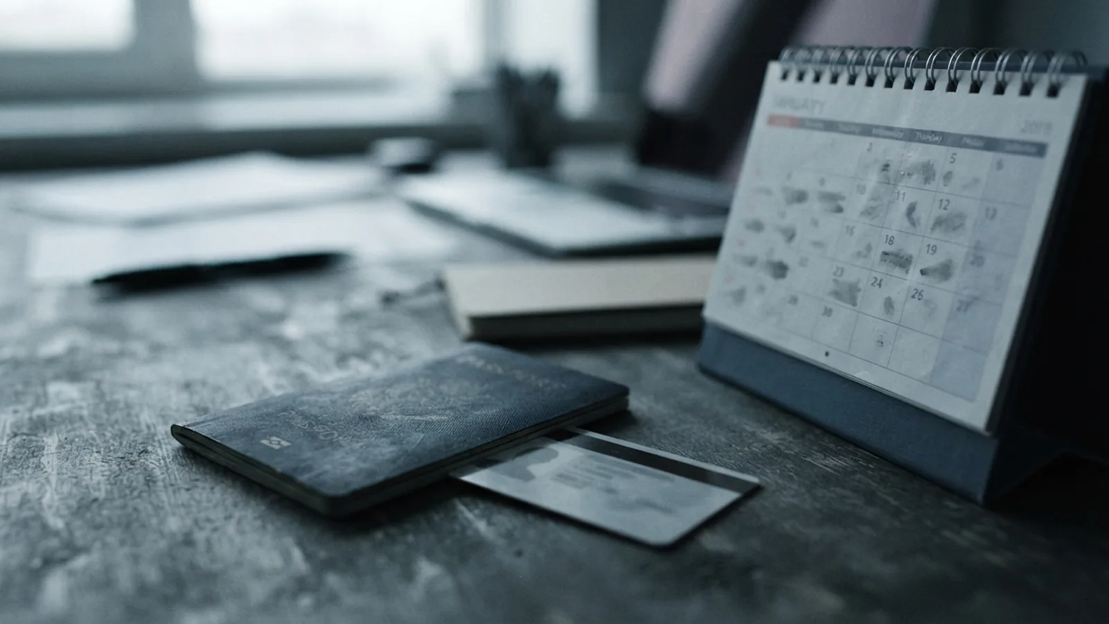 Residency card and passport beside a desk calendar in an office
